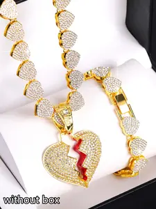 3pcs Fashion Exquisite Enamel Broken Heart Pendant Necklace Bracelet Set, Sparkling Heart Tennis Chain Jewelry Gift for Friends