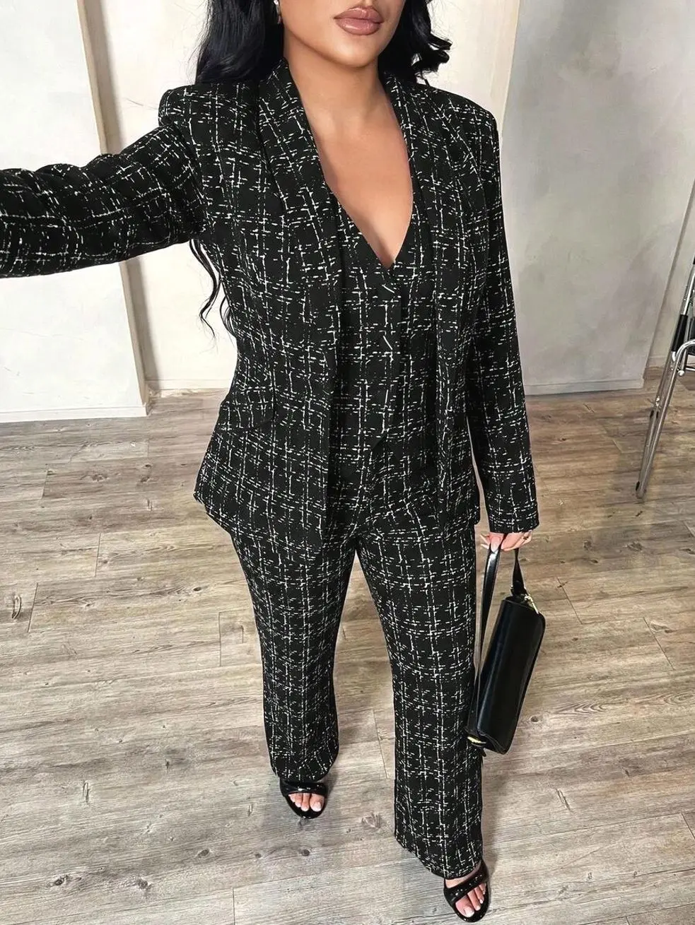 3pcs Set:Black Long Sleeve Blazer,Vest And Pants,Autumn Business Corporate Elegant Office Outfit, Retro Party Prom Formal Event Chic,Fall Outing
