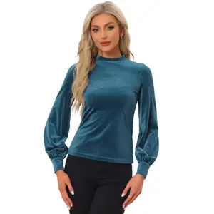 Allegra K Women's Velvet Crew Neck Puff Long Sleeve Rib Velour Blouse Peacock Blue Large
