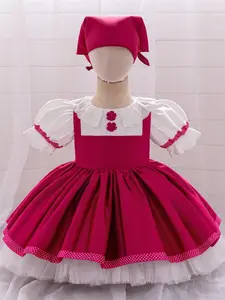 Toddler Girl's Colorblock Contrast Lace Bow Back Dress with Kerchief, Tulle Overlay Dress, Cute Puff Sleeve Round Neck Tiered Layer Dress for Party, Kids Clothes for All Seasons, Princess Seraphina Dress