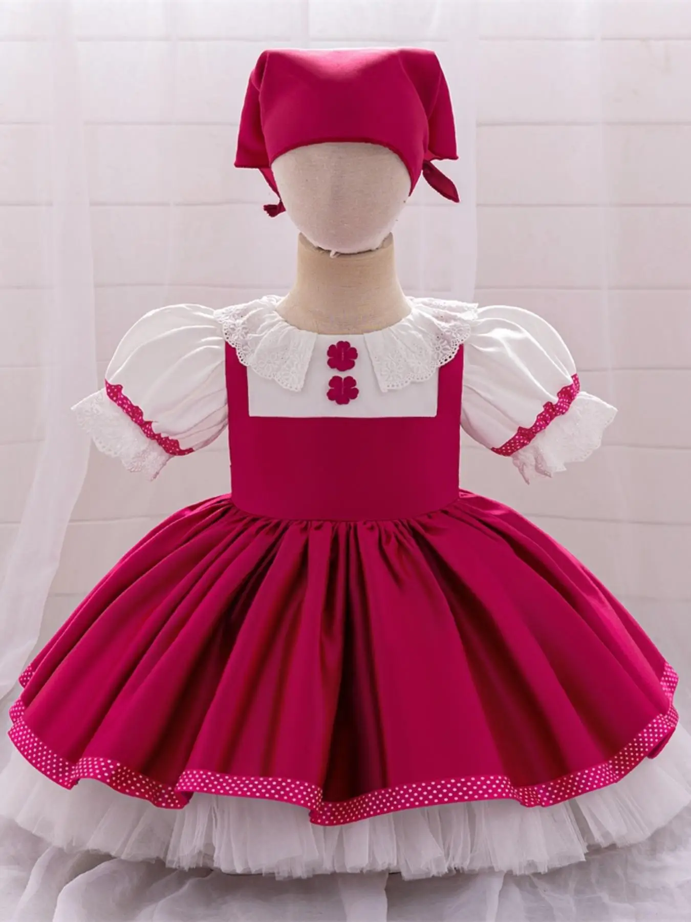 Toddler Girl's Colorblock Contrast Lace Bow Back Dress with Kerchief, Cute Puff Sleeve Round Neck Tiered Layer Dress for Party, Kids Clothes for All S