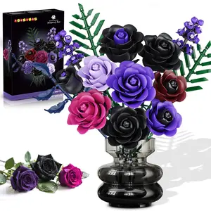HOGOKIDS Flowers Bouquet Building Set - 14 Purple Roses Botanical Collection Building Block, 546PCS Artificial Black Rose Gothic Floral Home Office Decor, Mother's Day Birthday Gifts for Women Adults Decorative