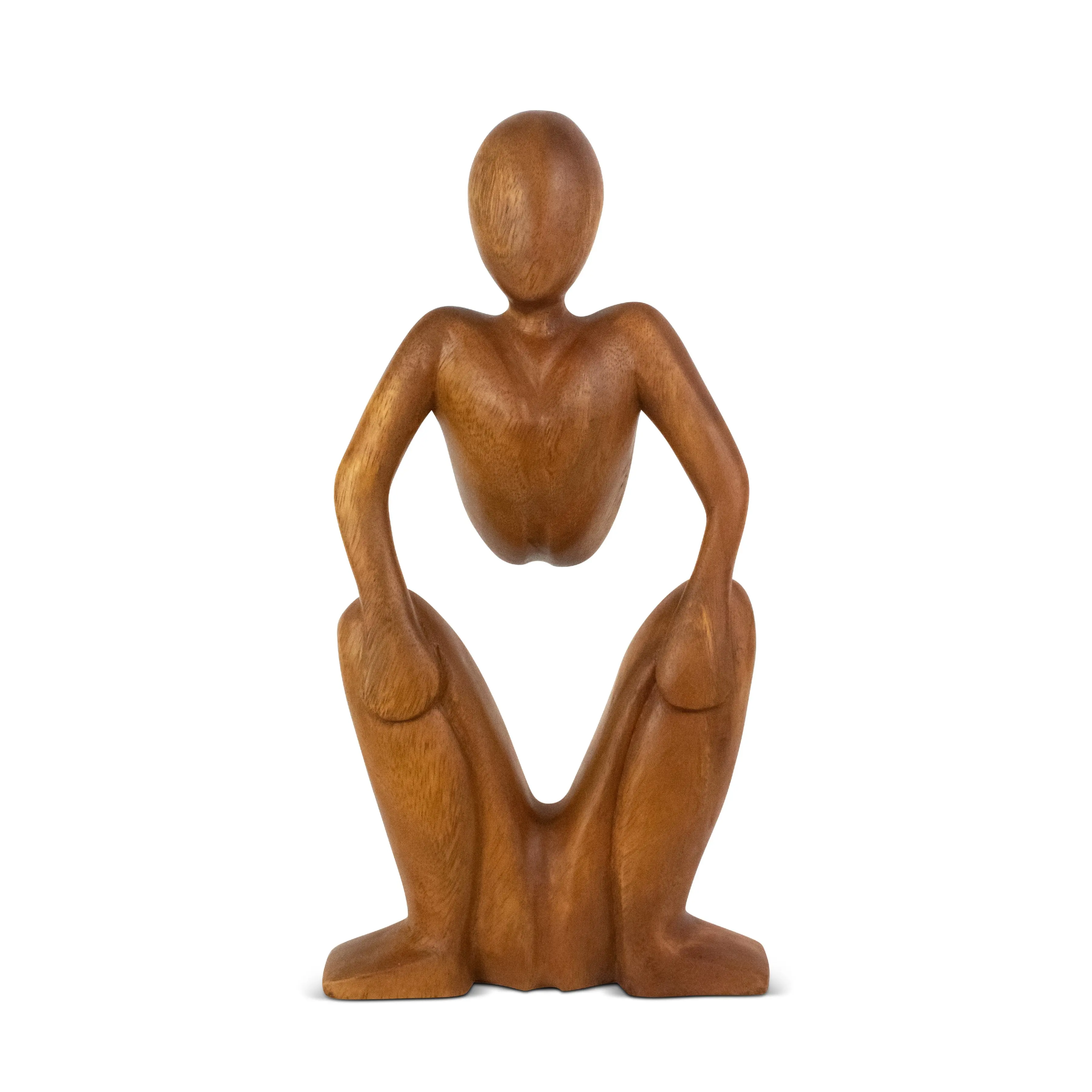 12" Wooden Handmade Abstract Sculpture Statue Handcrafted "Squatting Man" Gift Decorative Home Decor Figurine Artwork Accent Decoration Hand Carved