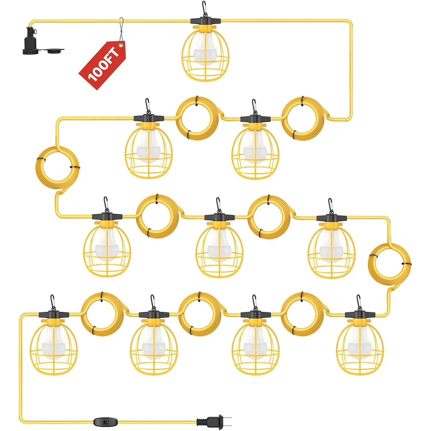 Construction String Lights 100FT: 150W Industrial LED String Work Lights with 10 Replacement Bulbs E26 Base - 6000K Construction Lights with Switch for Temporary Lighting ETL Listed