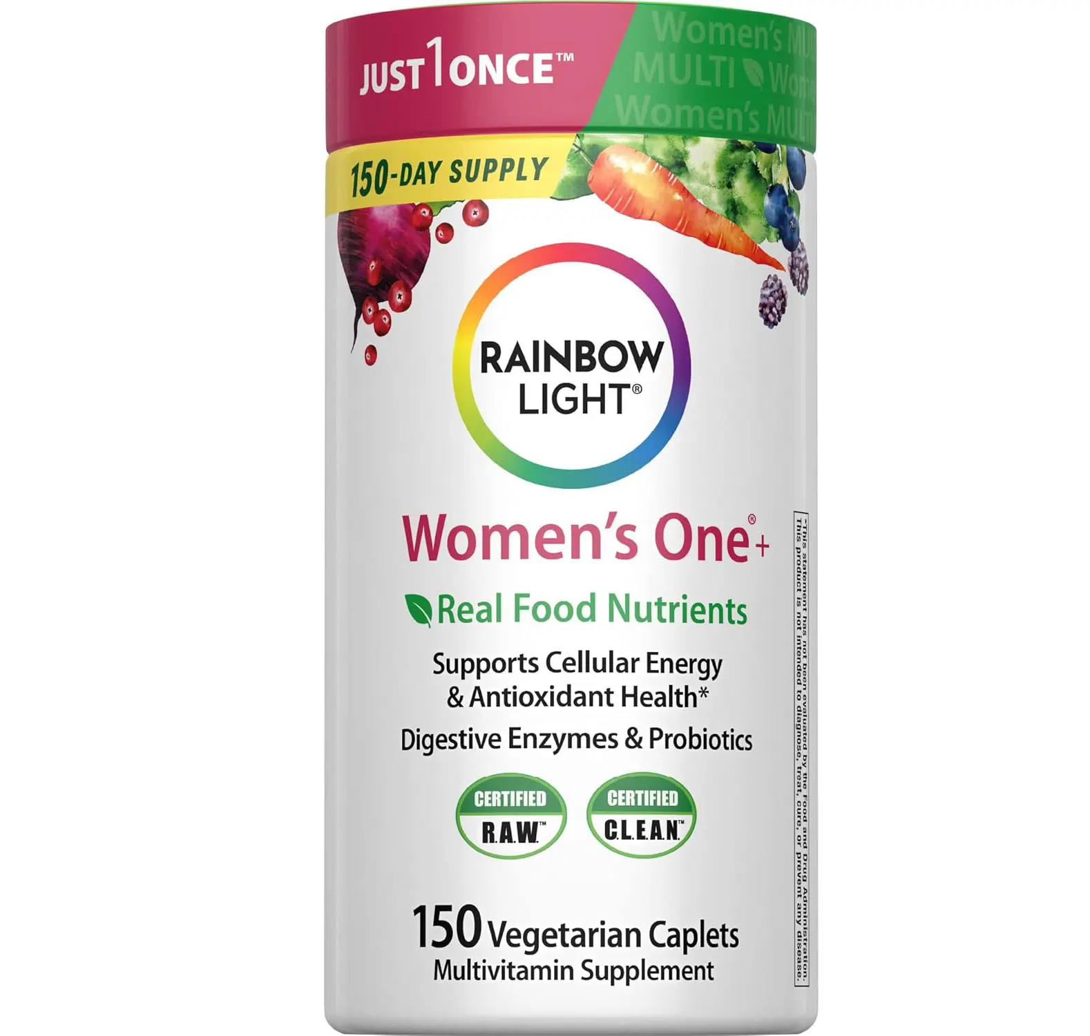 Rainbow Light Womens Multivitamin One + | 150 Caplets | Supports Cellular Energy & Antioxidant Health | Real Food Nutrients, Digestive Enzymes & Probiotics | with Vitamins C, D, and Zinc
