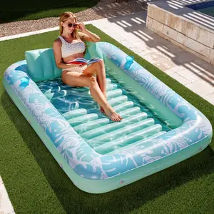 SLOOSH Inflatable Tanning Pool Lounger Float, 85" x 57" Extra Large Suntan Sun Tan tub for Adults, Tanning chair, Bed Blow up, Raft Lounge Floatie,XL-Cyan White