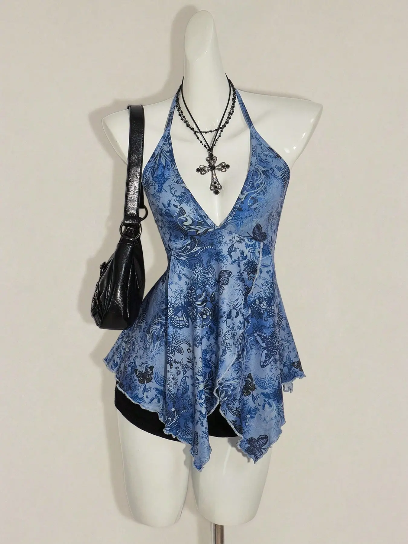 Women's Bohemian Floral Blue Summer Cami Top, Butterfly Print Sheer off Shoulder Vacation Blouse, Stylish Summer Fashion, Elegant Sleeveless Cami