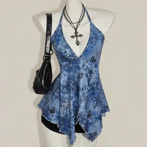 Women's Bohemian Floral Blue Summer Cami Top, Boho Style Cami, Butterfly Print Sheer off Shoulder Vacation Blouse, Stylish Summer Fashion