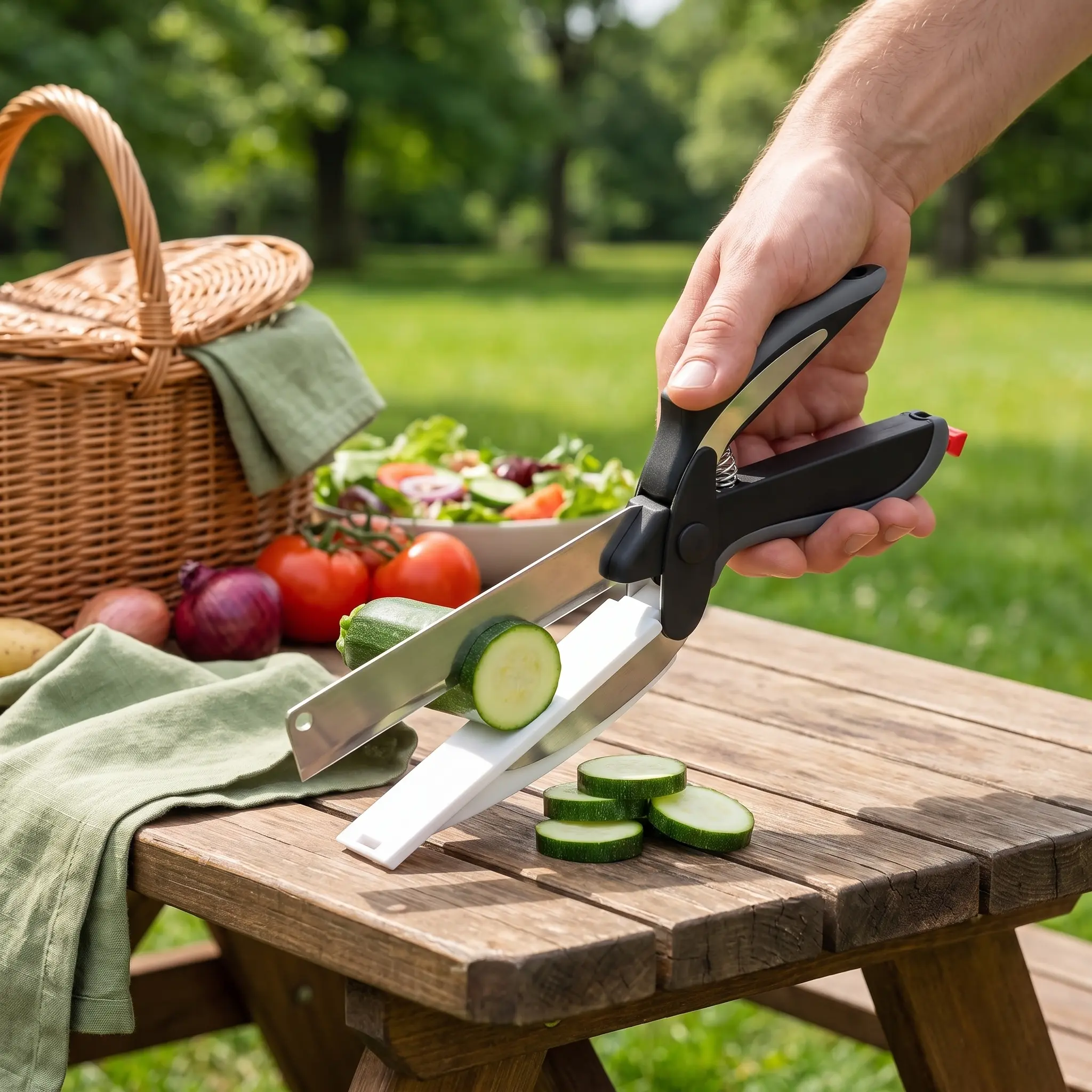 9.5 Inch Detachable Stainless Steel Kitchen Scissors with Mini Cutting Board & Safety Lock, Multi 2 in 1 Food Cutter for Vegetables Fruit Cheese, Dishwasher Safe Tomato Slicing Knife