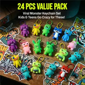 Viral Monster Keychain 24 PCS Value Pack, Cute Cartoon Charms for Kids, Party Favors & Backpack Decor