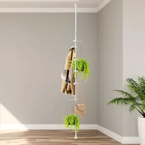 Coat Rack - 12 Hook Tension Rod Plant Stand Stainless Steel Organizer for Coats, Towels, Plants & More, No Drilling, Height Adjustable White