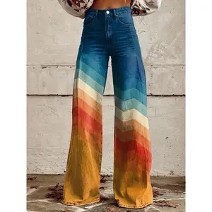 Women'S Rendering Contrast Color Thin Casual Wide Leg Pants 3D Trendy Flared Pants Women Autumn And Winter Pants Fit Womenswear Bottom Polyester