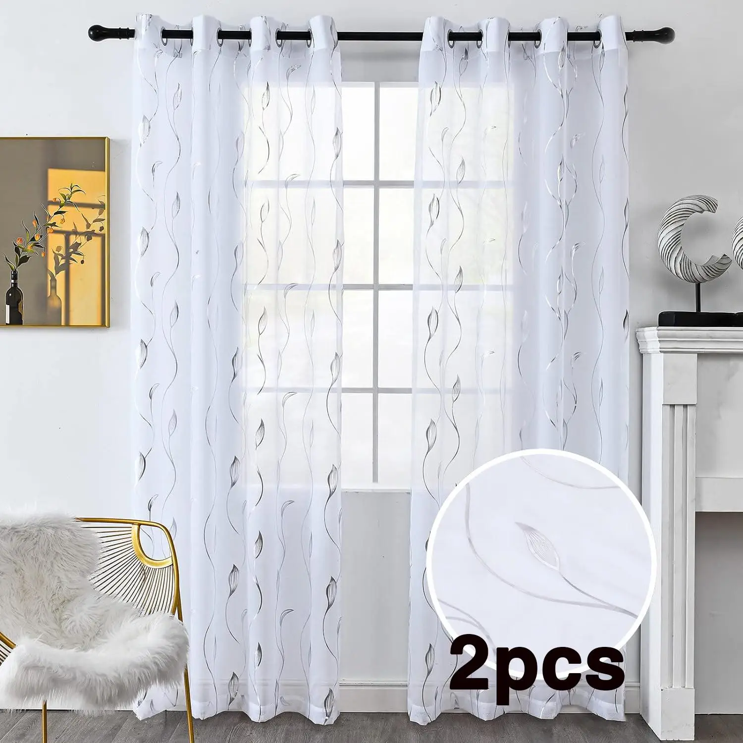 Leaf Pattern Sheer Curtain, 2 Counts/set Creative Decorative Window Screening for Home Window Decoration