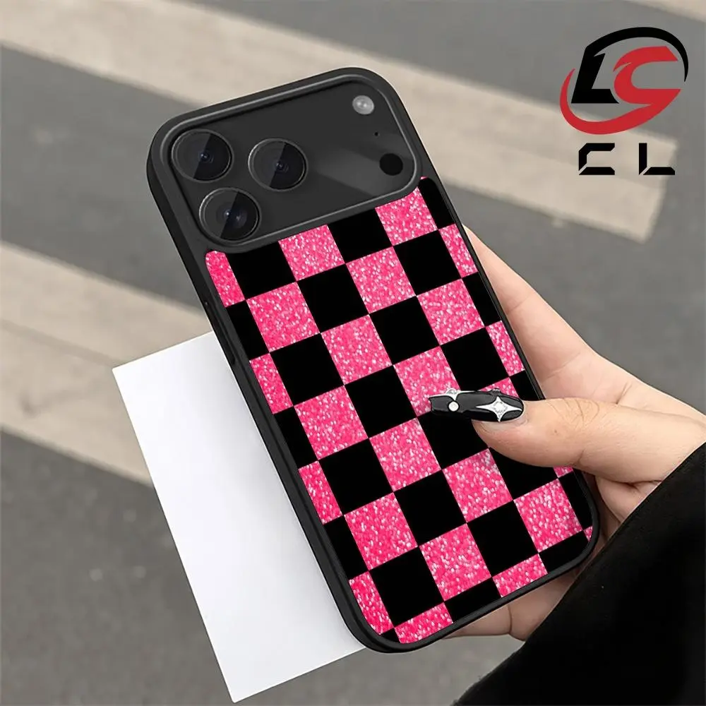 Premium Black-Pink Checkered Patterned Magnetic Smartphone Case - Shockproof Plastic Acrylic Cover with Soft Silicone Protector, Aesthetic Accessory for iPhone 17 Pro,16,15,14 Pro Max,13,12,11 Plus,Air, Phone Aesthetic