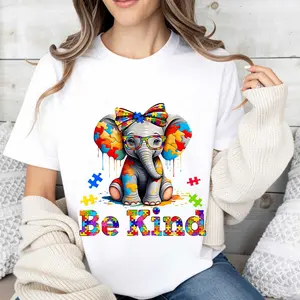 Elephant With Puzzle Pieces And Be Kind Print T Shirt Crew Neck