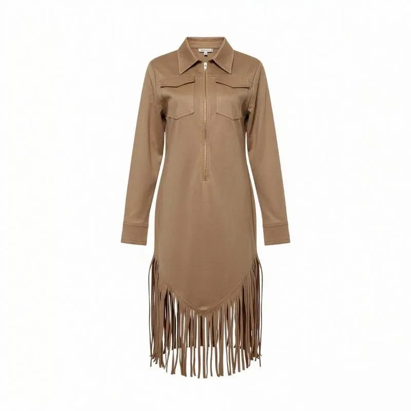 Women's Casual Wear A-Line Camel Suede Dress, Polyester Minimalist Western  Cowgirl Style, V-Neck Lapel Drop Shoulder Long Sleeve, Zip-Up Irregular  Tassels Design - TikTok Shop