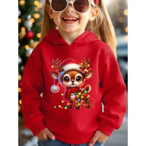 Girls' Pink Twinkling Lights Christmas Hooded Sweatshirt -  Sweater with Reindeer Antlers, Scarf Accent & Cartoon Print, Cozy Casual Holiday Outfit for to