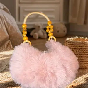Women's Faux Fur Handbag with Beaded Handle Soft Pink Fur Design for Everyday Use Trendy Accessory Elegant Glamour Luxury Faux Leather Interior Golden Tone Hardwares