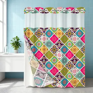1PC double-layer large ring shower curtain, colorful mandala pattern, shower curtain, high-end quick drying hanging curtain, bathroom, curtain, waterproof, mildew proof curtain