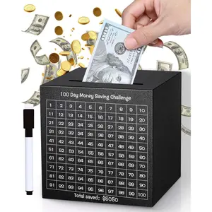 Saving Box, Unbreakable Piggy  for Adults Save $5,050 Metal Savings Box, 100 Day  Saving Challenge Stainless Steel Box  Break to Open 4.72 Inch (Black)