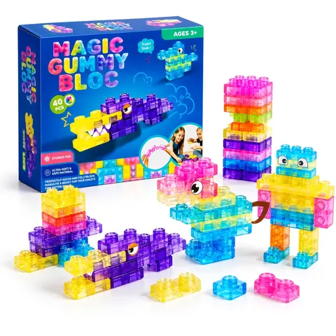 Soft Building Blocks for Kids, 40 Piece Squishy Sensory Blocks with Colorful Translucent Designs, Flexible Connecting Bricks for Stacking and Creative Play, Gift for Boys and Girls Ages 3+