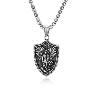 Michael Archangel Shield Necklace for Men Women Stainless Steel Religious Protection Pendant Waterproof Punk Street Jewelry 316L Hypoallergenic 3D Engraved Amulet Vintage Design