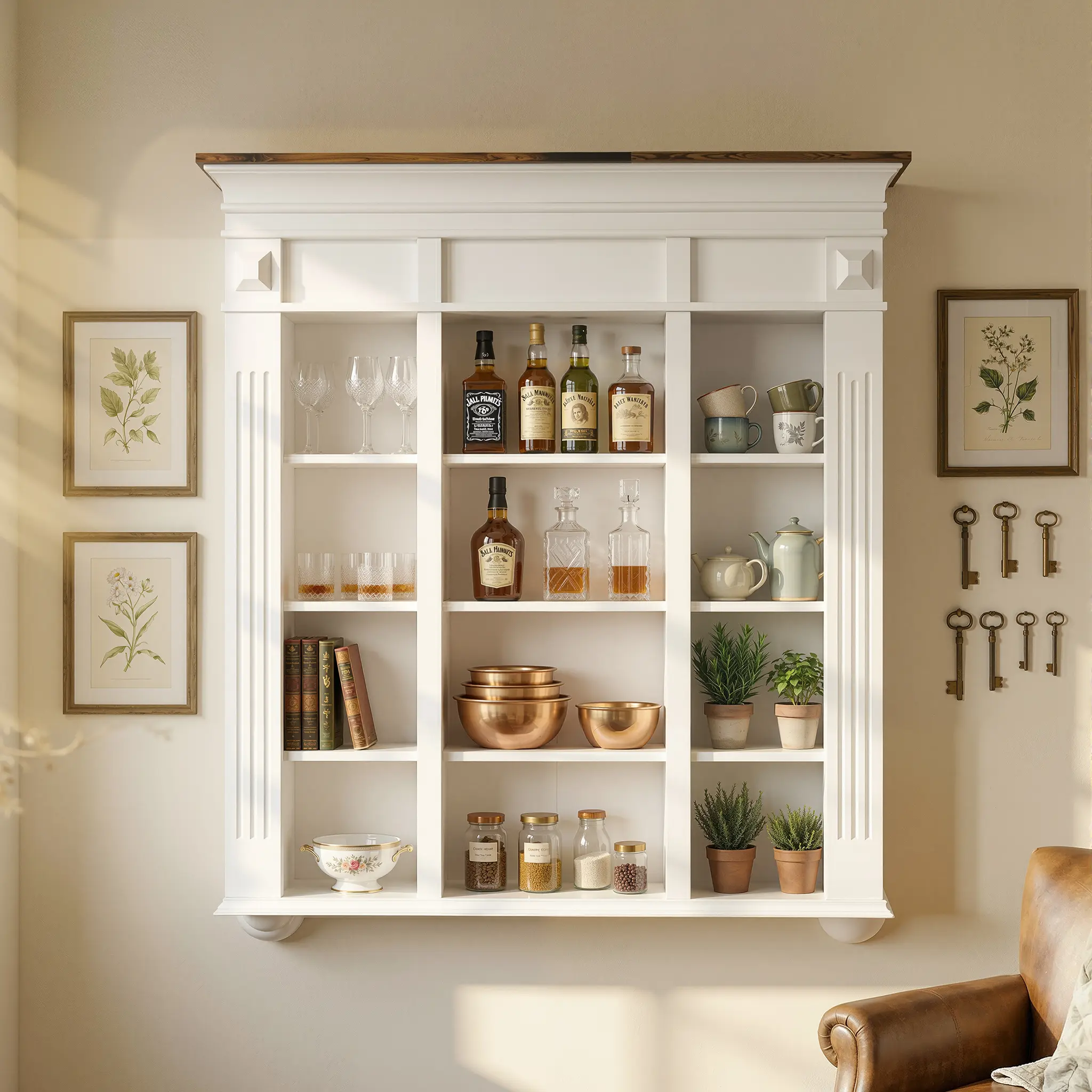 FUFU&GAGA White Wood Wall Cabinet - 47.2" W x 7.9" D x 48.8" H Farmhouse Rustic Wall-Mounted Storage Unit with 3×4 Slot Layout, Raised Base, Vertical Slats, 12 Compartments for Small Space Living, Display Storage Kitchen Furniture, Compartments Kitchen Fu