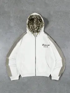 Men's Young Street Style Vintage Trendy Hoodie, Sweatshirts, Long Sleeve Knitted Hooded Sweater, Sporty Leopard Fleece Fabric, Luxury Brand Logo, Fashion Outdoor Wear