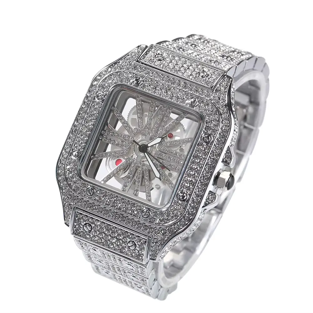 UWIN Hip Hop Skeleton Watch Hollow Out Square Quartz Wrist Watch Daily Waterproof Clock for Women Men