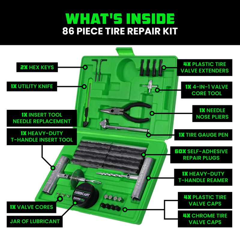 Rhino USA Tire Repair Kit (86-Piece) Professional Heavy Duty Tire Plug Kit to Fix Punctures & Patch Flats with Ease - Ultimate Tubeless Tire Repair Tools for Car, Motorcycle, ATV, UTV, RV and Trailer