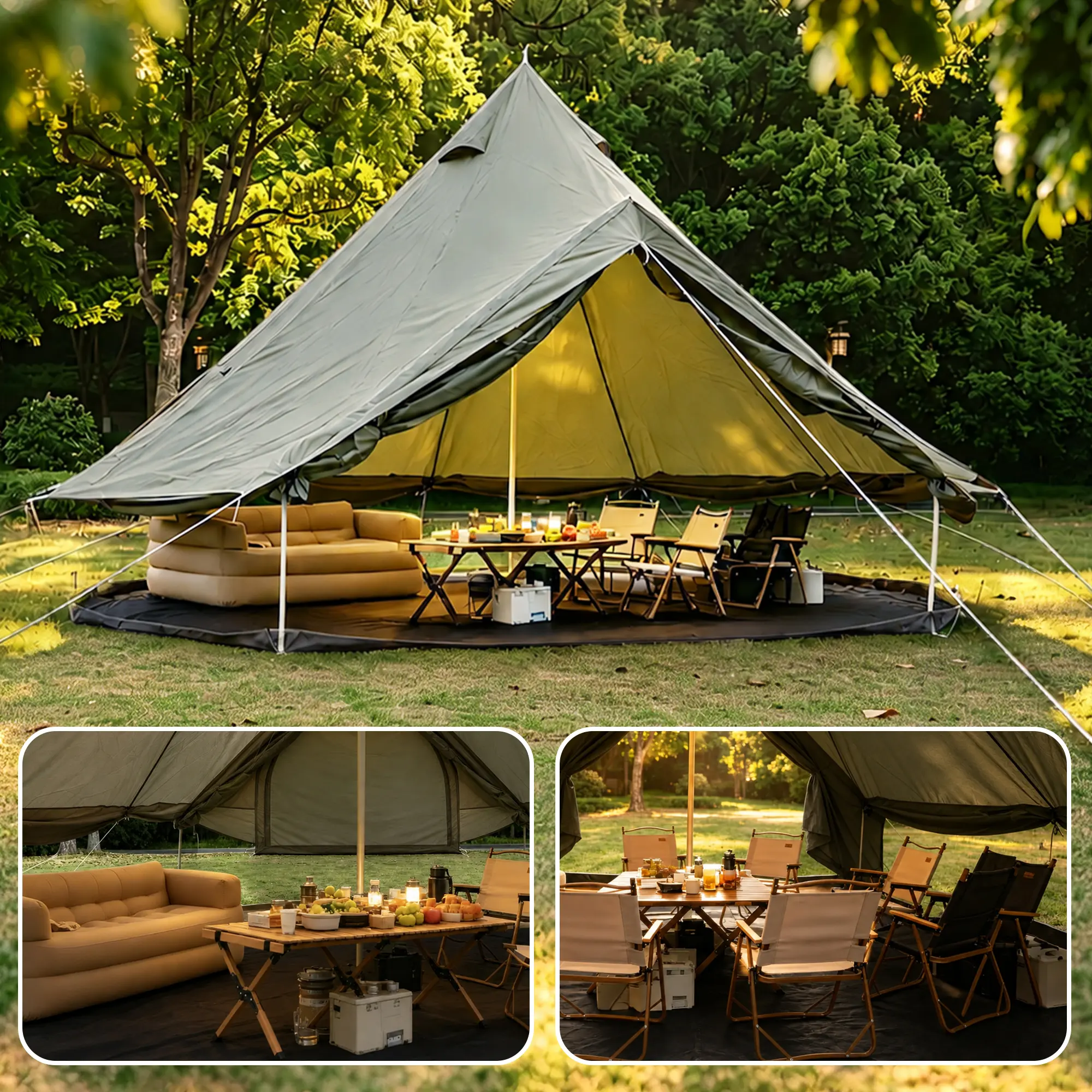 13.1FT Canvas Bell Tent for Family Camping, Spacious Glamping Tent with Large Windows and Ventilation, 4 Season Outdoor Shelter Tent for Adults, Backyard, Festival, Hiking, Luxury Camping and Outdoor Adventures