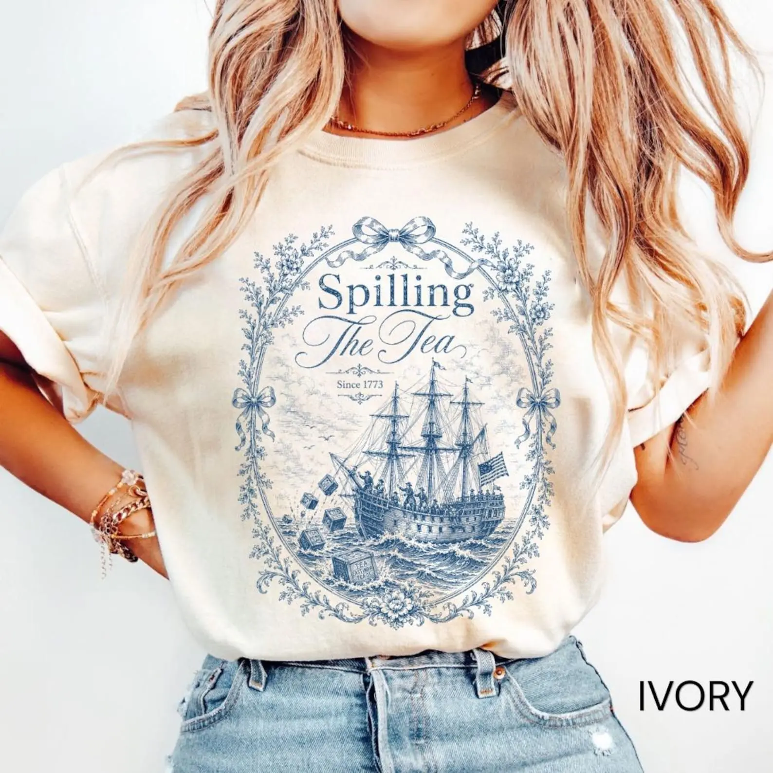 Comfort Colors Vintage Blue Toile Spilling The Tea Since 1773 Shirt,4th of July Party TShirt, 250th Anniversary USA Patriotic Shirt, Independence Day Tee