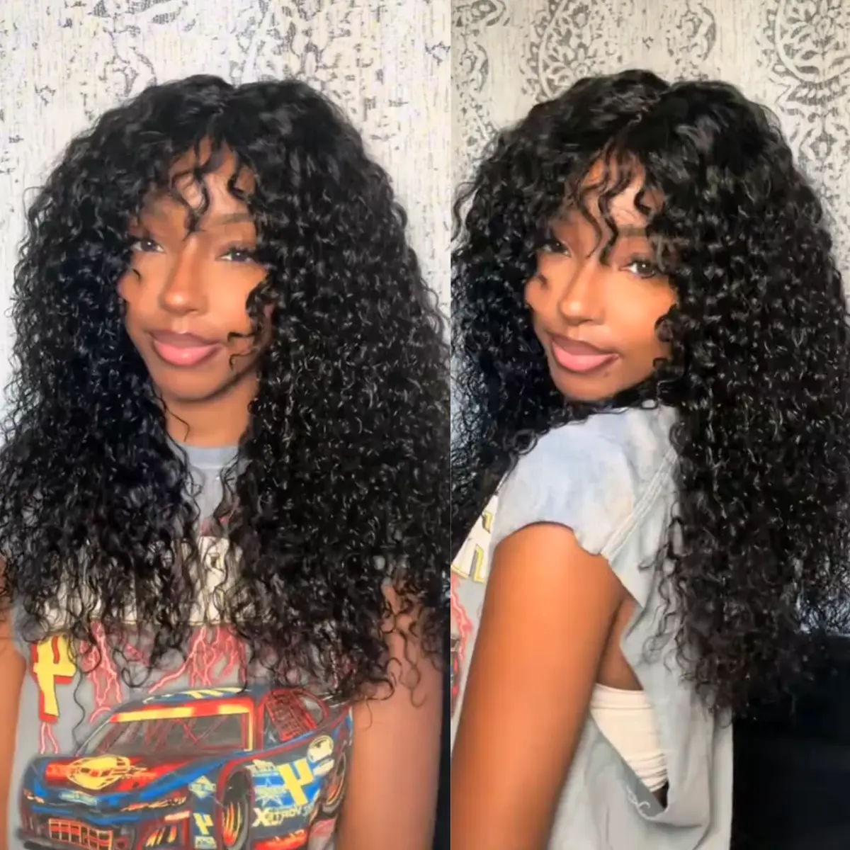 【NEW IN】Unice Boho Curly Human Hair Wig with Bangs 4X2 Lace T Part Effortless Shaggy Waves Glueless Pre-Styled Wig with invisi Drawstring summerwins