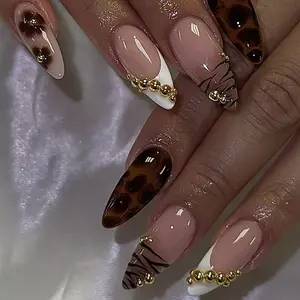 Nude Base Milk Tea Style Press On Nails, Tortoiseshell Amber Pattern with French White Tips, Black Line Details and Gold Bead Decor, Retro Luxury Aesthetic Stiletto/Almond Removable False Nails with Jelly Glue and Nail File