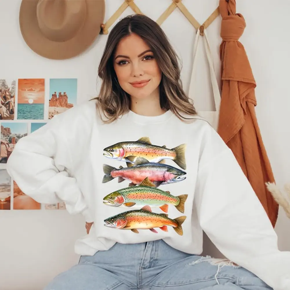 Abstract Colorful Trout Sweatshirt – Fly Fishing Crewneck for Men & Women, River Fish Species Gift, Boho Fishing Apparel