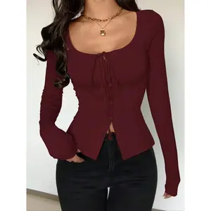 Women's Sexy Solid Color Knitted Elastic Back Tie Decor Long Sleeve Tight Fit T-Shirt, Versatile Daily Wear Top for WomenGift