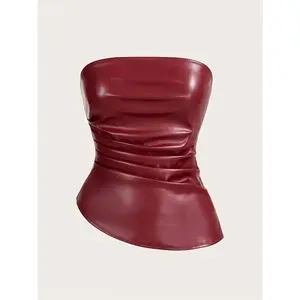 Women's Solid Color Leather Top Fashion Ruched Asymmetrical Hem Tube Top, Suitable for Outings and Parties Christmas Top