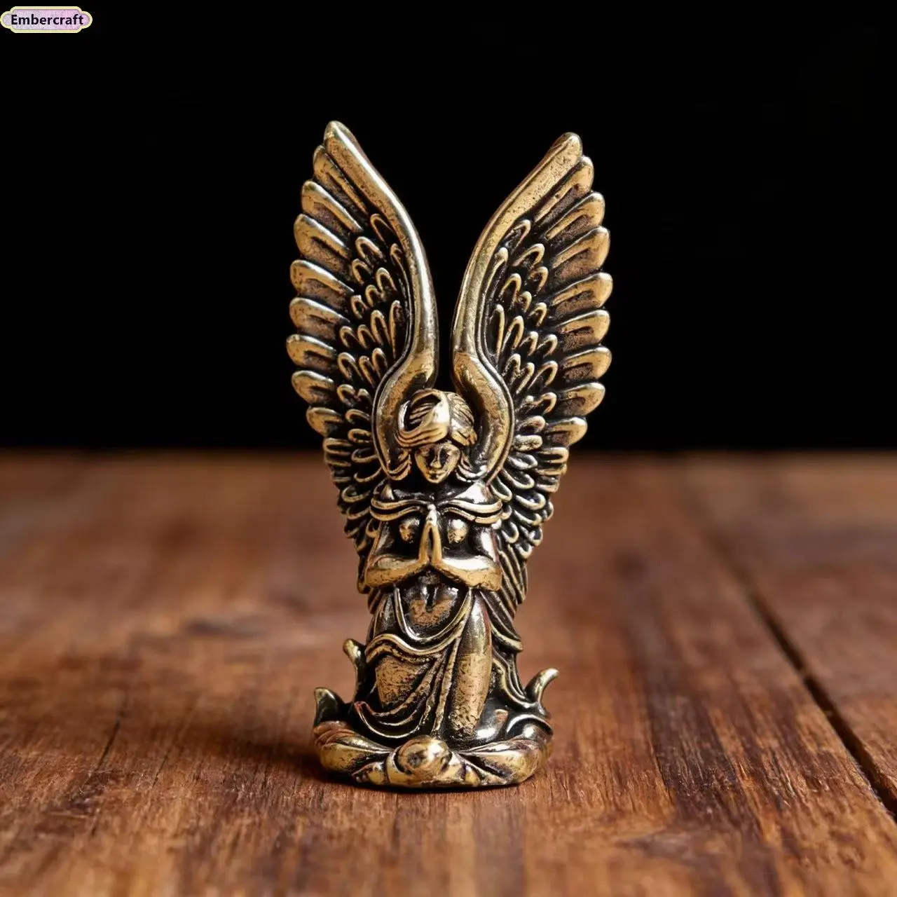 Brass-Winged Angel Figurine - Traditional Patina-Finish Table Ornament with Feather Pattern, Compact Spiritual Zen Home Office Decoration, Room Decor for Altars, Ideal Religious Gift, Home Spiritual Decor, Ornate Religious Decor