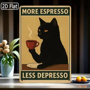 Fun Coffee Decor - More Espresso Less Depresso Vintage Kitchen Metal Sign with Black Cat, Retro Cafe Wall Art Poster - Metal Plaque Suitable for Home, Office, Coffee Bar - Indoor Outdoor Weatherproof Decor - Perfect Gift for Coffee