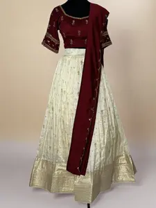 Festive Lehenga Set Maroon & Cream Embroidered Blouse with Gold Border Skirt and Matching Dupatta for Festive Occasions