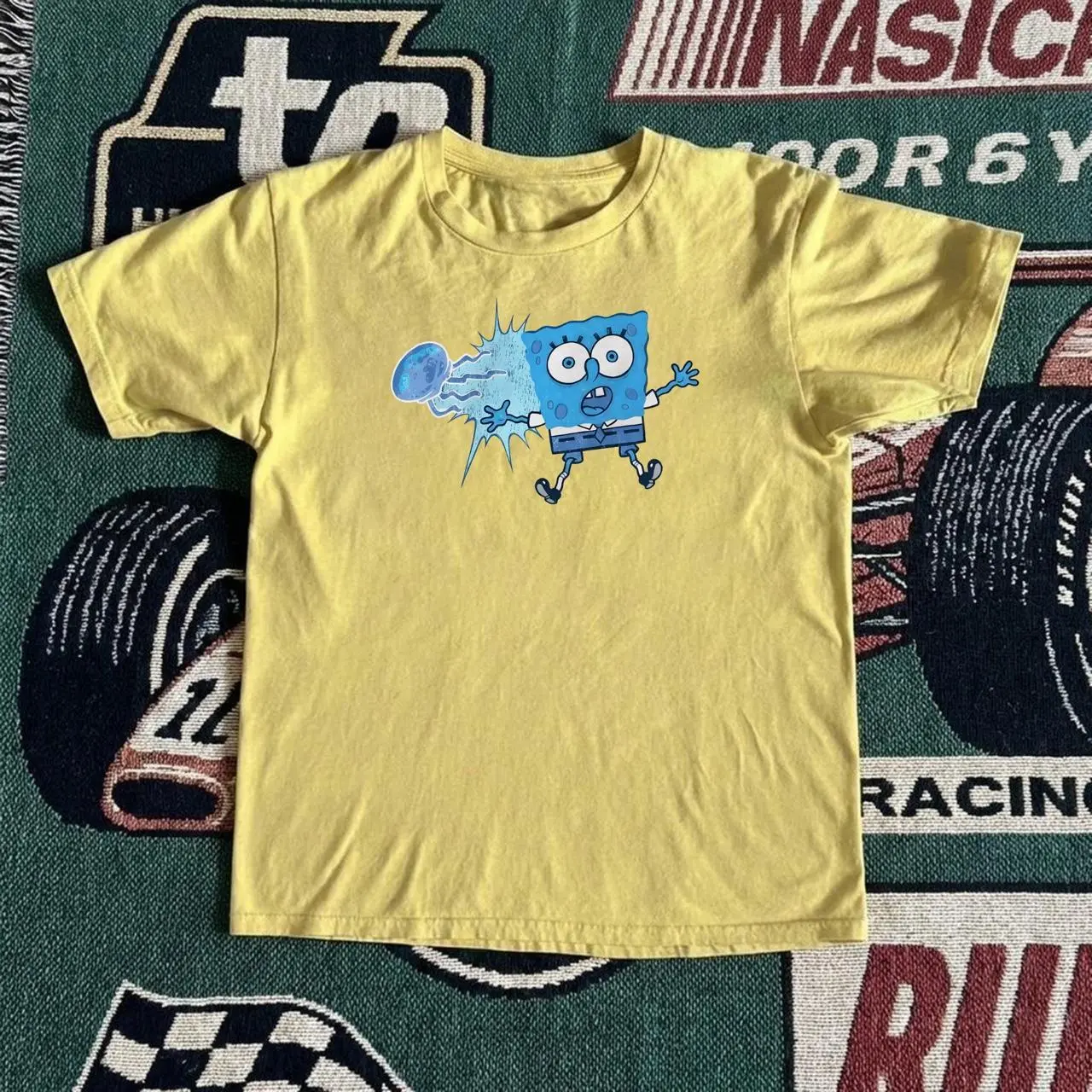 Yellow Square Cartoon Graphic T-Shirt, Funny Retro Character Tee, Unisex Casual Shirt