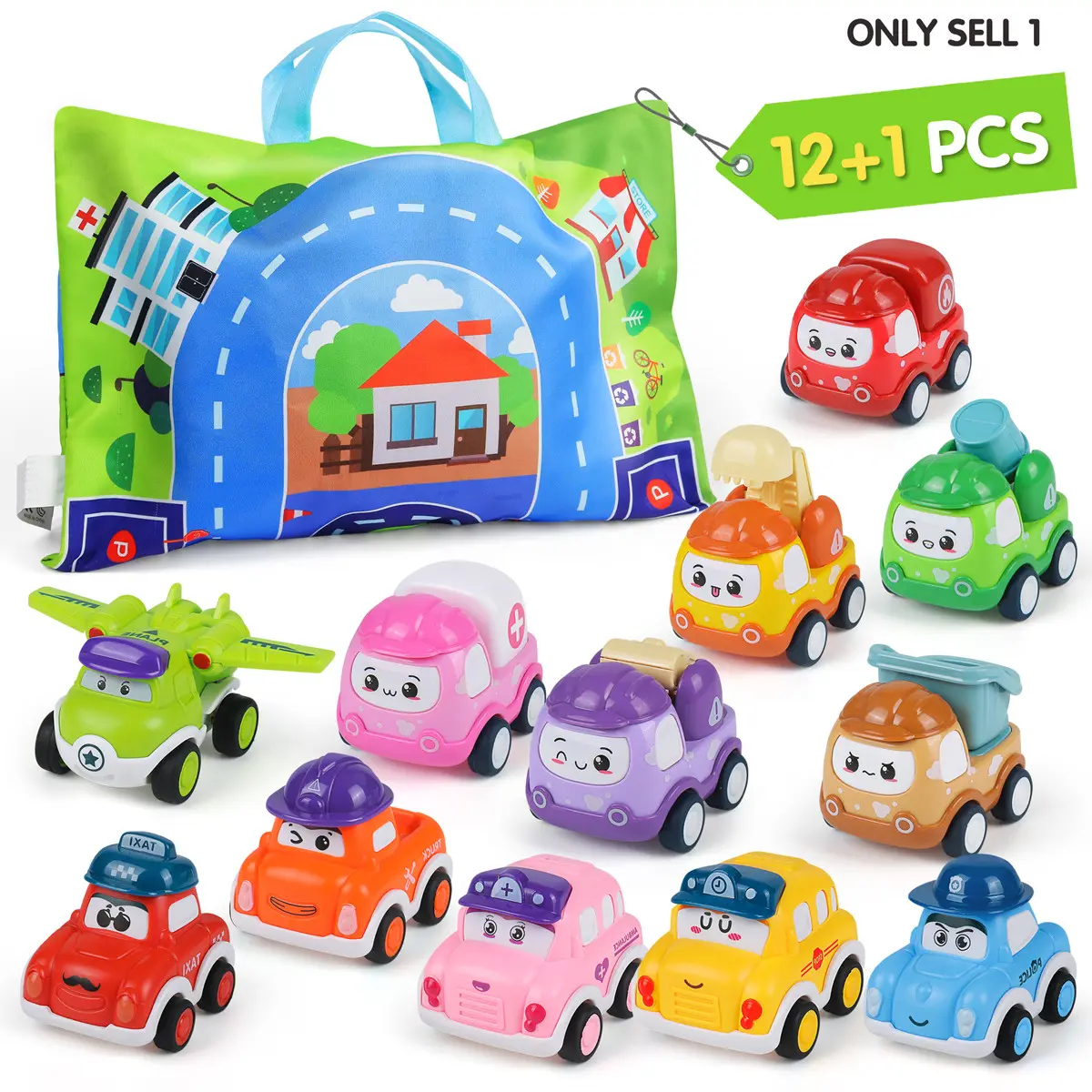 Cartoon Engineering Toy Car Set, 13 Pieces (12+1 PCS) Inertia Power Cars, With Two-in-One Map Bag, Portable Storage, Educational Travel Truck Toys, Vehicle Playset, Birthday Gift for Boys Girls