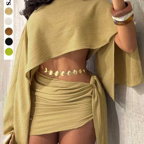 【Black Friday】Women's Summer Casual Resort Two-Piece Set, Loose-Fit Top and Tie Side Mini Skirt Set, Textured Outfit for Beach and Vacation