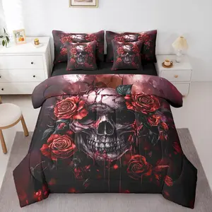 Sugar Skull Bedding Set,Orange Romantic Rose Flowers Comforter Set,7 Piece Gothic Skull Spooky Skeleton Bed in A Bag with Sheets Valentine Rose Floral Bed Set for Adults Men Women