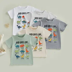 Babamoon Kids Baby Little Boys Summer T Shirt Fashionable Short Sleeve Round Neck Dinosaur Letter Print Tops T shirt 1-6 Years