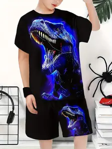 Boys' Dark Style Tyrannosaurus Print Casual Set, Blue Fluorescent Effect, Dinosaur Theme Clothing, Outdoor Wear, Shorts, Children
