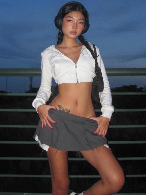 Women's Plain Zip Up Crop Hoodie, Casual Long Sleeve Pocket Crop Hooded Jacket for Spring & Fall, Women's Clothing for Daily Wear