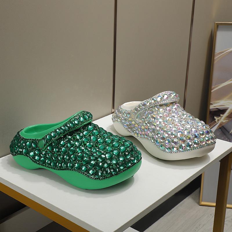 FoamFam Party to Vacation Sparkle Clogs  Full Rhinestone Platform Thick Sole Light Luxury Bling Bedazzled Shoes for Women  Handmade Custom Crystal Clogs for Everyday Glam Outdoor