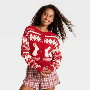 Women's Rabbit Print Cropped Cardigan Sweater - Wild Fable Red XS