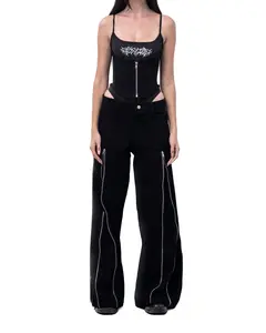 PANTS ZIPPER Minimalist Oversized Denim Trousers with Adjustable Zippers  for All Seasons Women's Wear